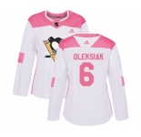 Women Adidas Pittsburgh Penguins #6 Jamie Oleksiak Authentic White Pink Fashion NHL Jersey
