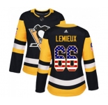 Women Adidas Pittsburgh Penguins #66 Mario Lemieux Authentic Black USA Flag Fashion NHL Jersey