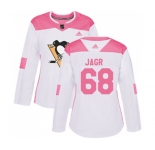 Women Adidas Pittsburgh Penguins #68 Jaromir Jagr Authentic White Pink Fashion NHL Jersey