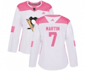 Women Adidas Pittsburgh Penguins #7 Paul Martin Authentic White Pink Fashion NHL Jersey
