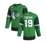 Men's Chicago Blackhawks #19 Jonathan Toews 2020 St. Patrick's Day Stitched Hockey Jersey Green
