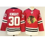 Men's Chicago Blackhawks #30 Spencer Knight Red 2025 Home 100th Anniversary Stitched Hockey Jersey