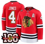Men's Chicago Blackhawks #4 Seth Jones Red 2025 Home 100th Anniversary With A Patch Stitched Hockey Jersey