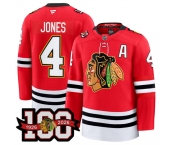 Men's Chicago Blackhawks #4 Seth Jones Red 2025 Home 100th Anniversary With A Patch Stitched Hockey Jersey