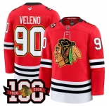 Men's Chicago Blackhawks #90 Joe Veleno Red 2025 Home 100th Anniversary Stitched Hockey Jersey