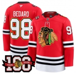 Men's Chicago Blackhawks #98 Connor Bedard Red 2025 Home 100th Anniversary Stitched Hockey Jersey