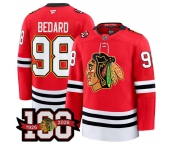 Men's Chicago Blackhawks #98 Connor Bedard Red 2025 Home 100th Anniversary Stitched Hockey Jersey