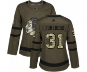 Women Adidas Chicago Blackhawks #31 Anton Forsberg Authentic Green Salute to Service NHL Jersey