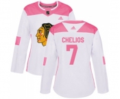 Women's Adidas Chicago Blackhawks #7 Chris Chelios Authentic White Pink Fashion NHL Jersey