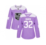 Women Adidas Los Angeles Kings #32 Jonathan Quick Purple Authentic Fights Cancer Stitched NHL Jersey