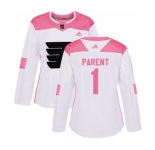Women Adidas Philadelphia Flyers #1 Bernie Parent Authentic White Pink Fashion NHL Jersey
