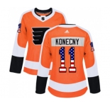 Women Adidas Philadelphia Flyers #11 Travis Konecny Authentic Orange USA Flag Fashion NHL Jersey