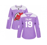 Women Adidas New Jersey Devils #19 Travis Zajac Purple Authentic Fights Cancer Stitched NHL Jersey