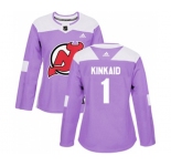 Women New Jersey Devils #1 Keith Kinkaid Authentic Purple Fights Cancer Practice Hockey Jersey