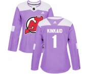 Women New Jersey Devils #1 Keith Kinkaid Authentic Purple Fights Cancer Practice Hockey Jersey