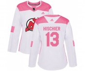 Women New Jersey Devils #13 Nico Hischier Authentic White Pink Fashion Hockey Jersey