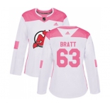 Women New Jersey Devils #63 Jesper Bratt Authentic White Pink Fashion Hockey Jersey