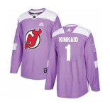 Youth New Jersey Devils #1 Keith Kinkaid Authentic Purple Fights Cancer Practice Hockey Jersey