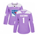 Women Adidas New York Rangers #1 Eddie Giacomin Authentic Purple Fights Cancer Practice NHL Jersey
