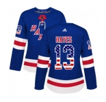 Women Adidas New York Rangers #13 Kevin Hayes Authentic Royal Blue USA Flag Fashion NHL Jersey
