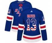 Women Adidas New York Rangers #13 Kevin Hayes Authentic Royal Blue USA Flag Fashion NHL Jersey