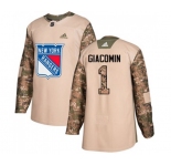 Youth Adidas New York Rangers #1 Eddie Giacomin Authentic Camo Veterans Day Practice NHL Jersey