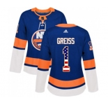 Women Adidas New York Islanders #1 Thomas Greiss Authentic Royal Blue USA Flag Fashion NHL Jersey