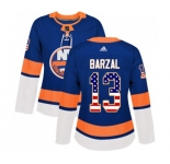 Women Adidas New York Islanders #13 Mathew Barzal Authentic Royal Blue USA Flag Fashion NHL Jersey