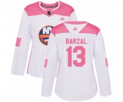 Women Adidas New York Islanders #13 Mathew Barzal Authentic White Pink Fashion NHL Jersey