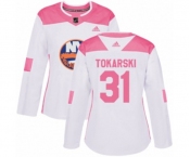 Women Adidas New York Islanders #31 Dustin Tokarski Authentic White Pink Fashion NHL Jersey