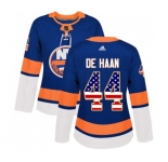 Women Adidas New York Islanders #44 Calvin de Haan Authentic Royal Blue USA Flag Fashion NHL Jersey