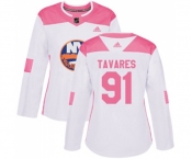 Women Adidas New York Islanders #91 John Tavares Authentic White Pink Fashion NHL Jersey