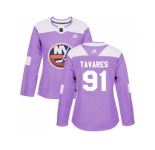 Women Adidas New York Islanders #91 John Tavares Purple Authentic Fights Cancer Stitched NHL Jersey