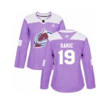 Women Adidas Colorado Avalanche #19 Joe Sakic Purple Authentic Fights Cancer Stitched NHL Jersey