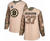 Men's Boston Bruins #37 Patrice Bergeron Authentic Camo Veterans Day Practice 2019 Stanley Cup Final Bound Hockey Jersey