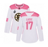 Women's Boston Bruins #17 Milan Lucic Authentic White Pink Fashion 2019 Stanley Cup Final Bound Hockey Jersey
