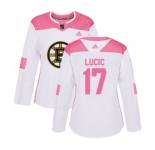 Women's Boston Bruins #17 Milan Lucic Authentic White Pink Fashion Hockey Jersey