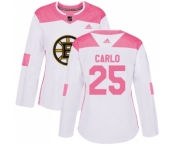 Women's Boston Bruins #25 Brandon Carlo Authentic White Pink Fashion Hockey Jersey