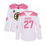 Women's Boston Bruins #27 John Moore Authentic White Pink Fashion 2019 Stanley Cup Final Bound Hockey Jersey