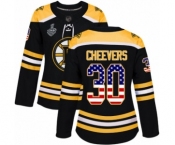 Women's Boston Bruins #30 Gerry Cheevers Authentic Black USA Flag Fashion 2019 Stanley Cup Final Bound Hockey Jersey
