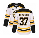 Women's Boston Bruins #37 Patrice Bergeron Authentic White Away 2019 Stanley Cup Final Bound Hockey Jersey