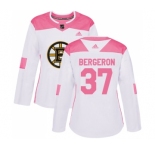 Women's Boston Bruins #37 Patrice Bergeron Authentic White Pink Fashion Hockey Jersey
