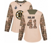 Women's Boston Bruins #41 Jaroslav Halak Authentic Camo Veterans Day Practice 2019 Stanley Cup Final Bound Hockey Jersey