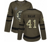 Women's Boston Bruins #41 Jaroslav Halak Authentic Green Salute to Service 2019 Stanley Cup Final Bound Hockey Jersey