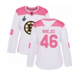 Women's Boston Bruins #46 David Krejci Authentic White Pink Fashion 2019 Stanley Cup Final Bound Hockey Jersey