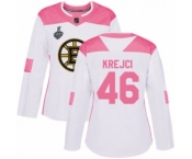 Women's Boston Bruins #46 David Krejci Authentic White Pink Fashion 2019 Stanley Cup Final Bound Hockey Jersey