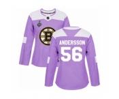 Women's Boston Bruins #56 Axel Andersson Authentic Purple Fights Cancer Practice 2019 Stanley Cup Final Bound Hockey Jersey