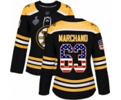 Women's Boston Bruins #63 Brad Marchand Authentic Black USA Flag Fashion 2019 Stanley Cup Final Bound Hockey Jersey