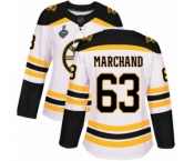 Women's Boston Bruins #63 Brad Marchand Authentic White Away 2019 Stanley Cup Final Bound Hockey Jersey