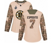 Women's Boston Bruins #7 Phil Esposito Authentic Camo Veterans Day Practice 2019 Stanley Cup Final Bound Hockey Jersey